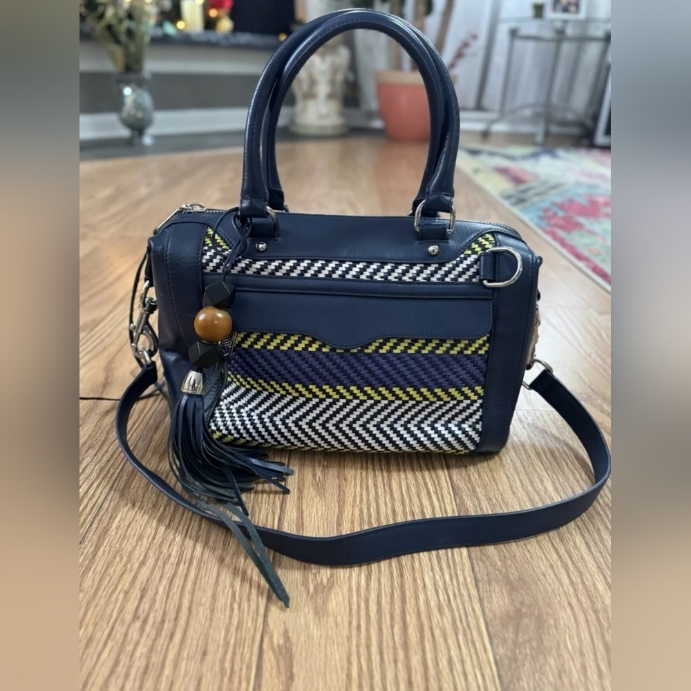 REBECCA MINKOFF MAB MINI BLUE PURPLE STRIPE WEAVE LEATHER LG SATCHEL BAG